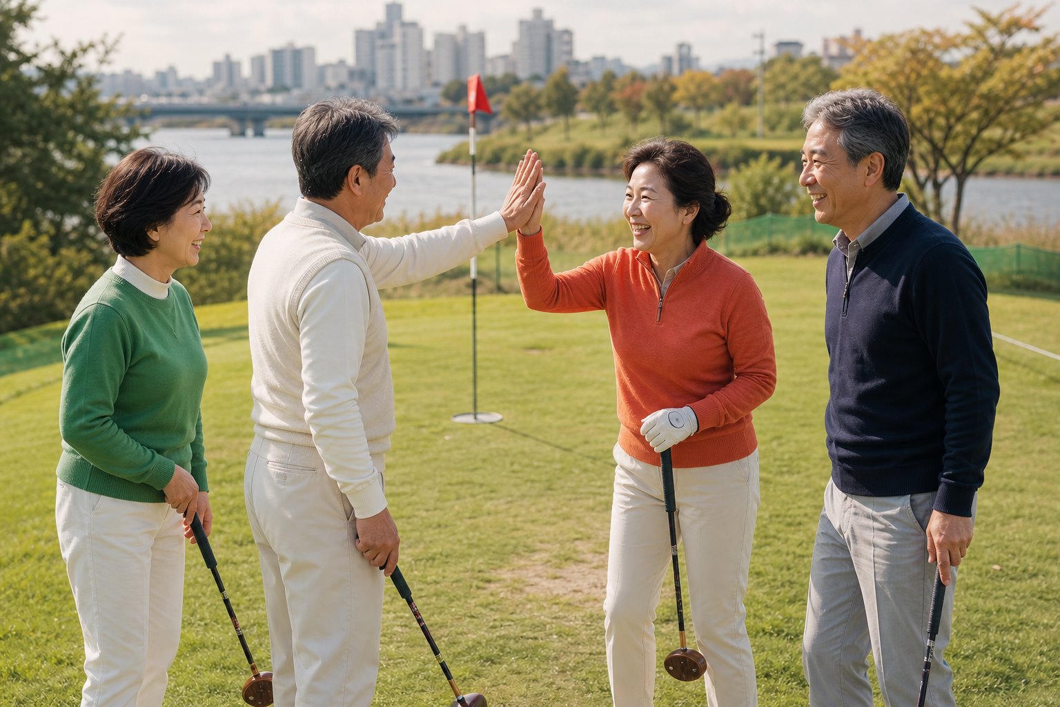 파크골프 조인 전 하이파이브하는 남녀 동반자