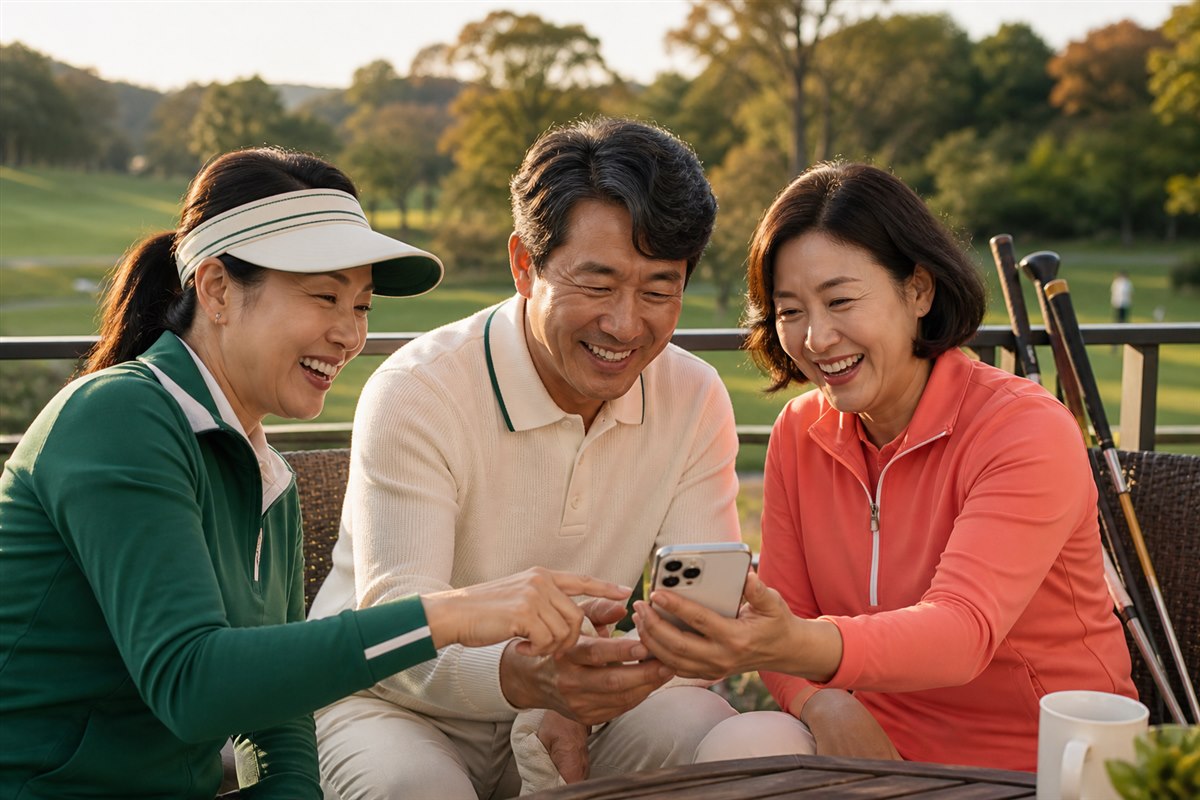 라운딩 후 스마트폰 사진을 보며 후기를 나누는 동반자들